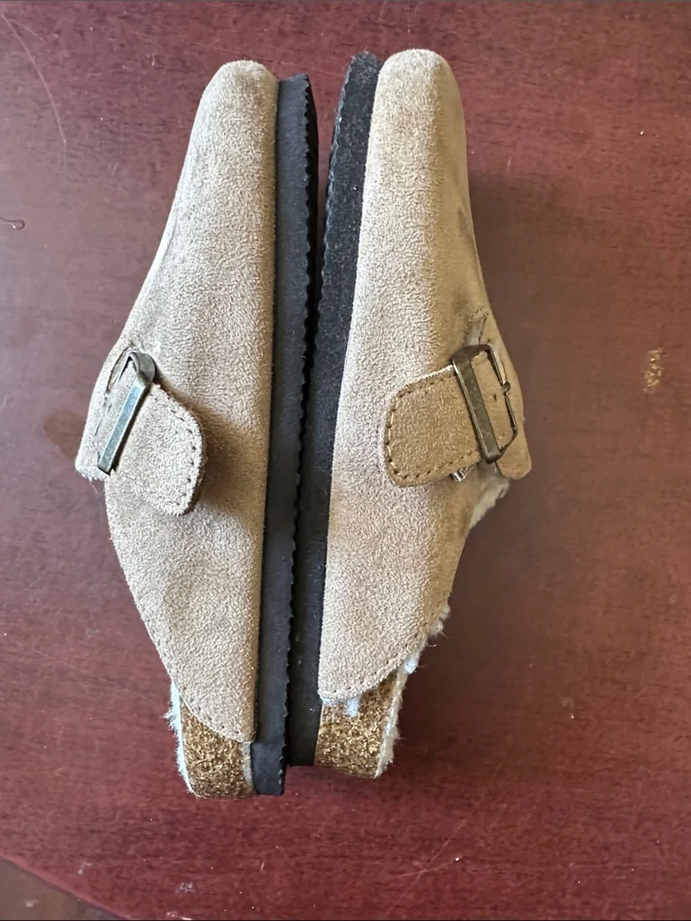 ##117, Girl size 13, White Mountain Tan Suede Kids Slip-On Clogs with Buckle